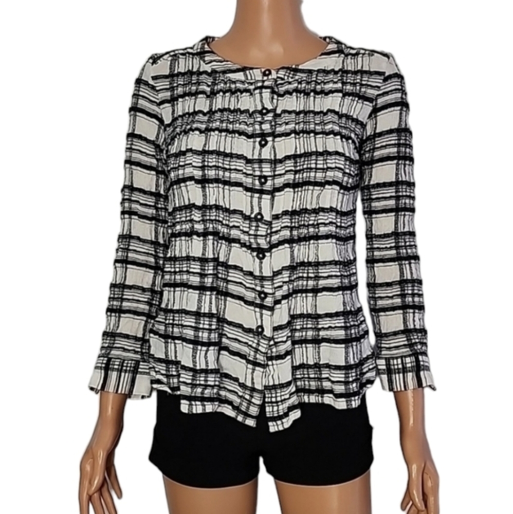 Anthropologie Plaid Black/White Long SleeveTextured Button Up Top Size 6P Small